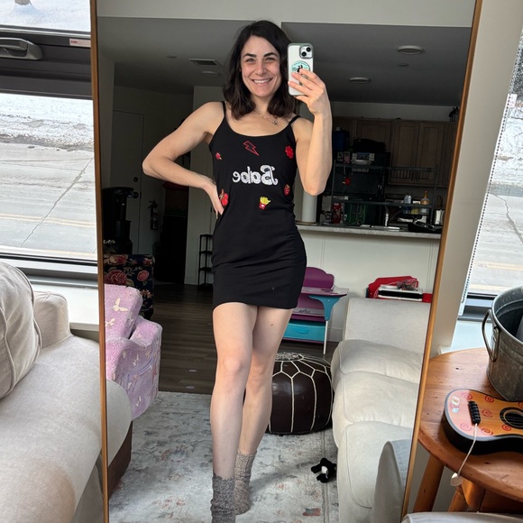 MaeBarrMama Dresses & Skirts - “Babe” Black Graphic Mini Dress